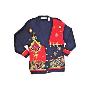 Vtg 80s 90s CHAUS Chunky Knit Jeweled Embroidered Cardigan Sweater  Plus Size 1X